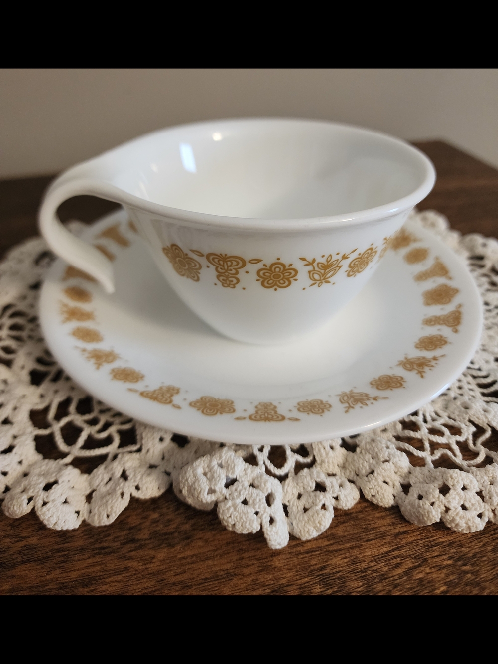 Corelle White Cup and Saucer with Gold Floral Trim